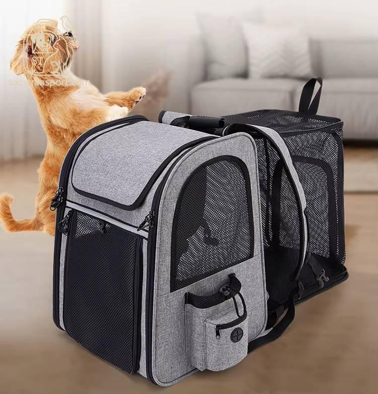 Vue détaillée du sac à dos extensible pour chien en situation d'utilisation