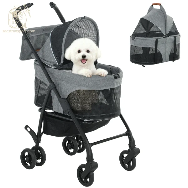 Poussette chien 3 en 1 avec panier amovible