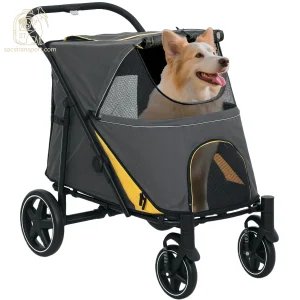 Grand chien dans une poussette spacieuse